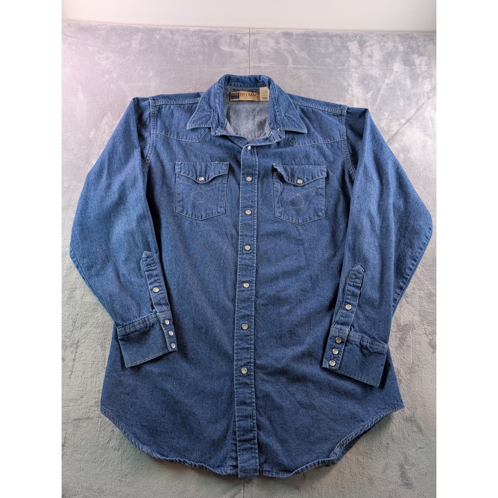 Big Mac Mens LT Tall Denim Work Shirt Pearl Snap Western Blue Cotton USA Made